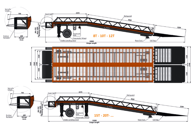 Technische tekening Saurus laadbrug voor het laden en lossen van machines